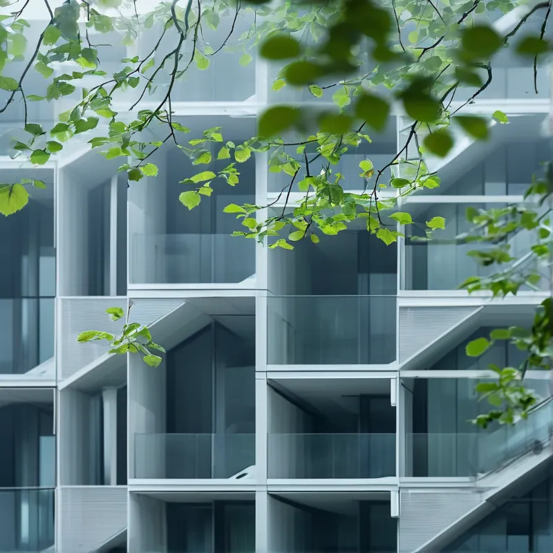A white building facade with glass balconies sits behind green leaves.