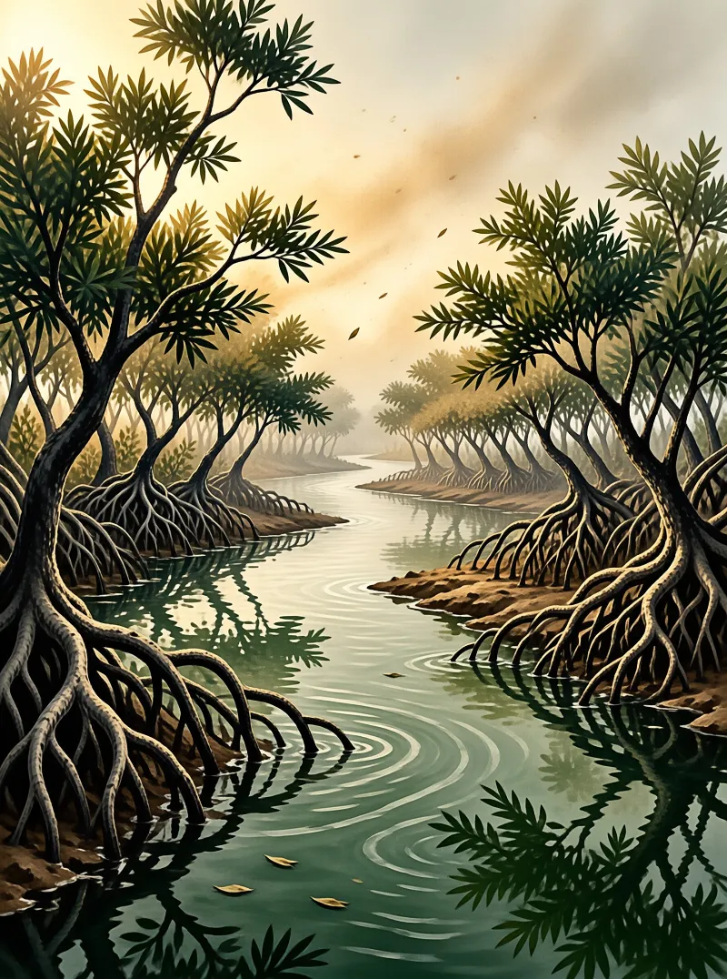 Root systems of river trees arch over still water reflecting a soft amber sky while leaves drift on the surface