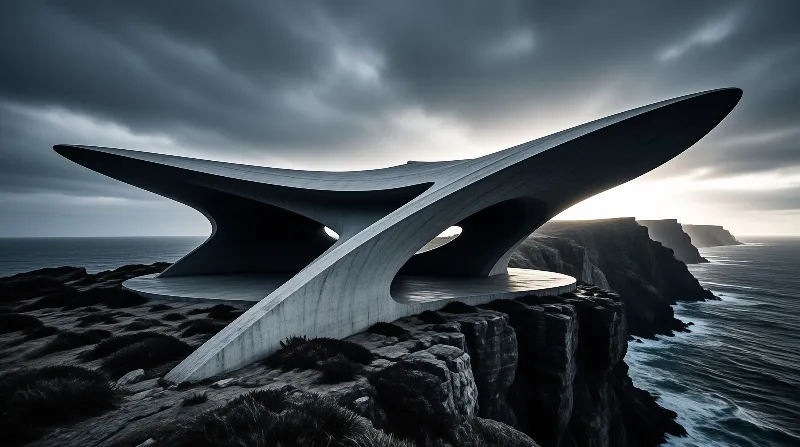 Streamlined concrete structure juts out of a rocky seaside cliff under stormy skies with soft sunset light at the horizon