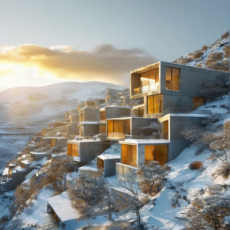 Geometric concrete houses are built into a snow-covered hillside illuminated by warm golden sunlight from the horizon.