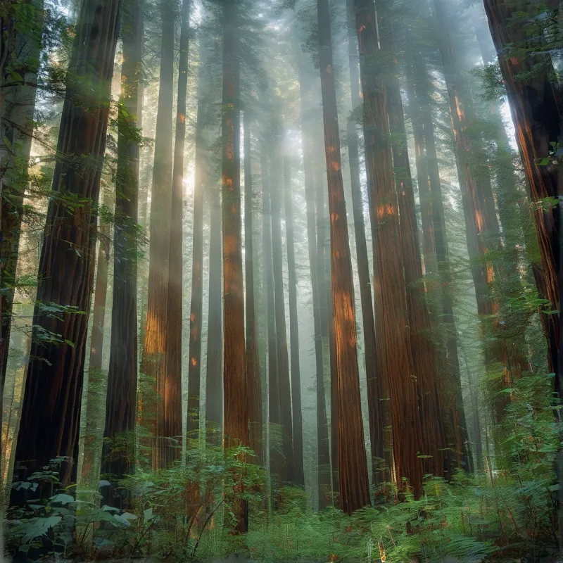 Towering reddish brown trees stand in a misty woodland while shafts of golden sunlight pierce the canopy above lush undergrowth.