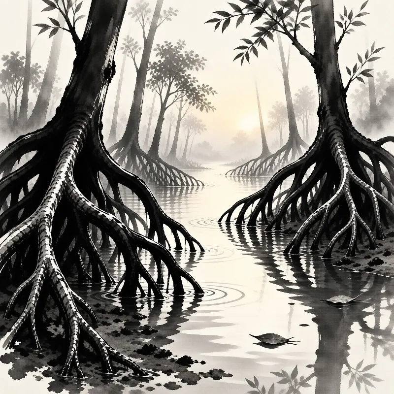 Ink wash painting of stilted trees over still water, gnarled roots mirrored in ripples as dawn light filters through fog.