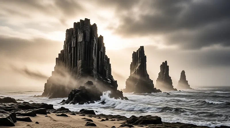 Massive jagged rock columns rise from the choppy sea while mist swirls around their bases under a cloudy sky.