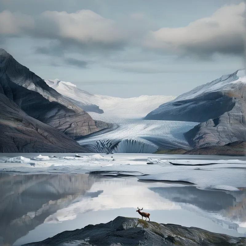 A brown reindeer stands on a dark rock while a glacier flows into a lake reflecting the sky.