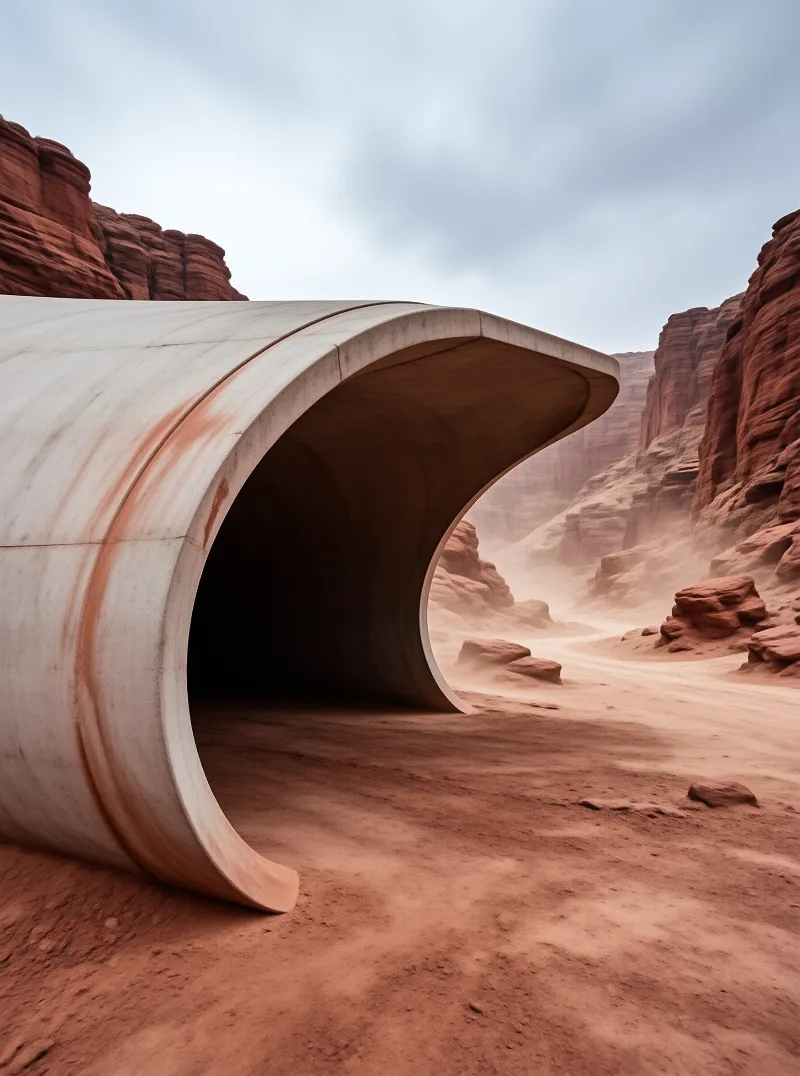 A weathered curved concrete shell opens onto windblown sand and red sandstone cliffs under pale grey light.
