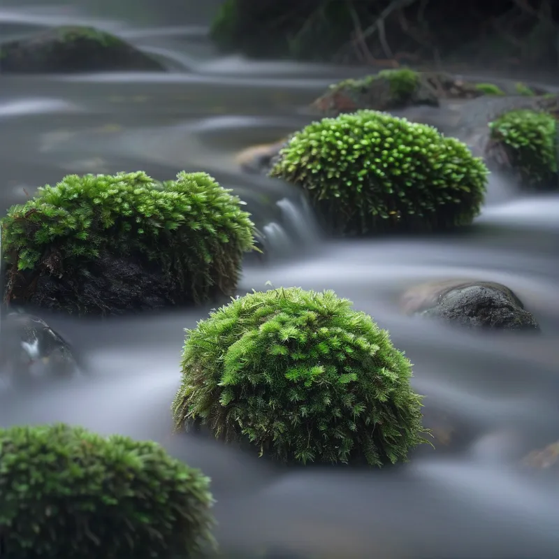 Vivid green moss covered stones sit in smooth silky blurred flowing stream water under soft cool overcast lighting