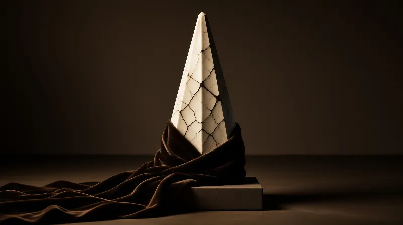 A fractured white pyramid draped in dark velvet rests on a pedestal with dramatic lighting.