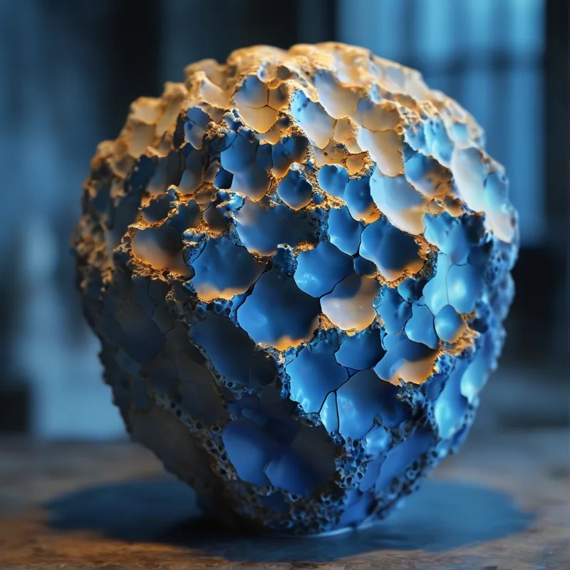A large textured object with deep blue cells and golden edges glows softly on a wooden surface against a blurred backdrop.