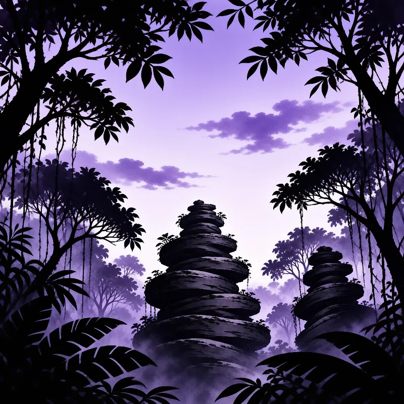 Two layered stone stupas emerge from the fog within a dense jungle framed by dark silhouetted leaves under a violet sky.
