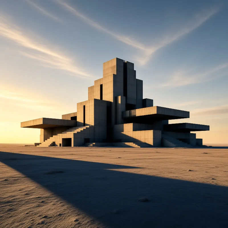 A massive brutalist concrete building stands alone in a wide sandy desert during golden hour casting long dark shadows.