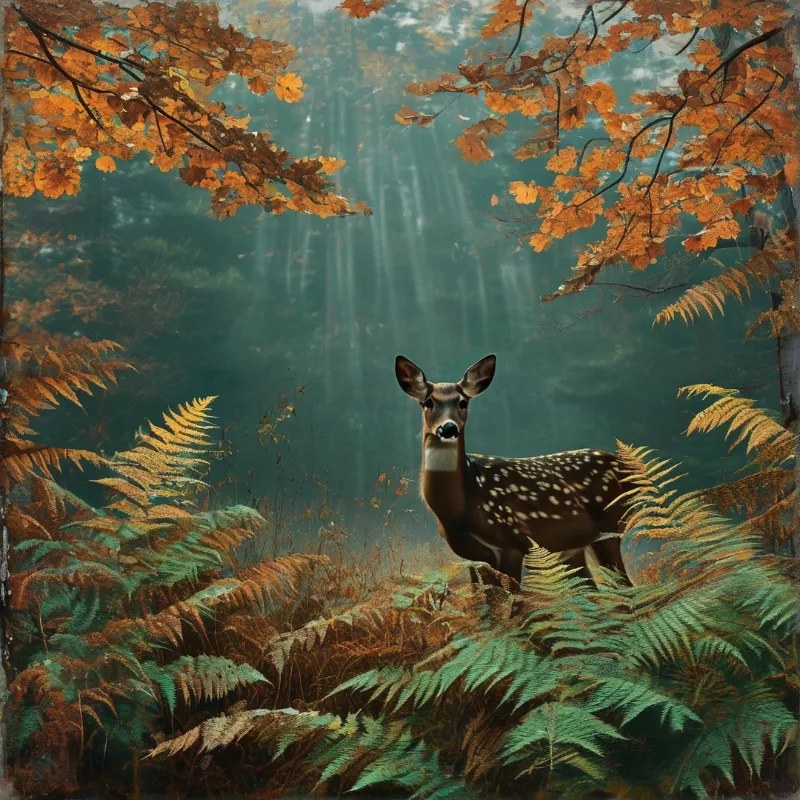 A young deer with white spots stands alert among ferns and orange leaves while sunlight filters through the misty forest.