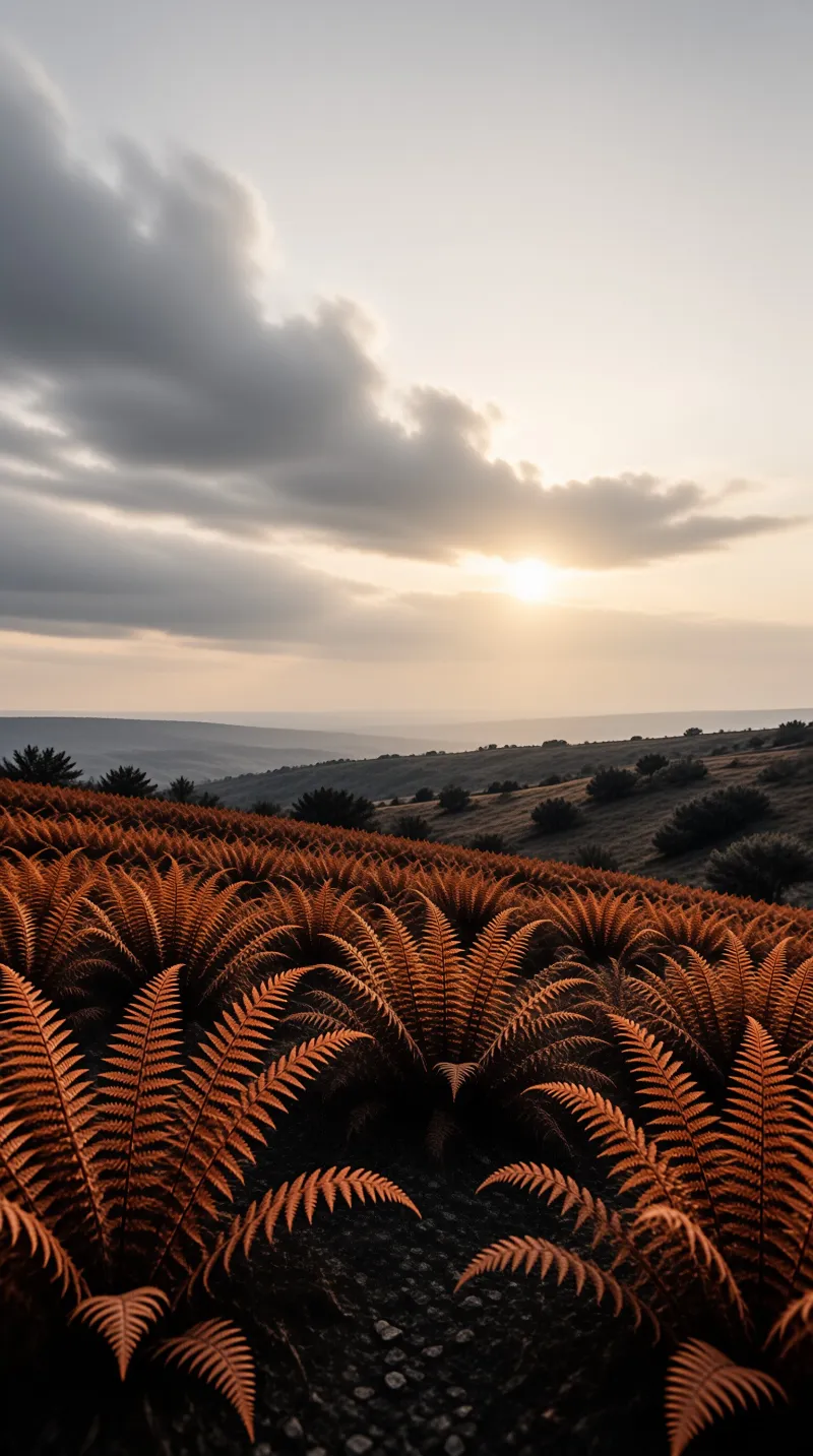 Reddish brown fern fronds cover a hillside foreground while sunlight glows behind distant rolling hills and clouds.