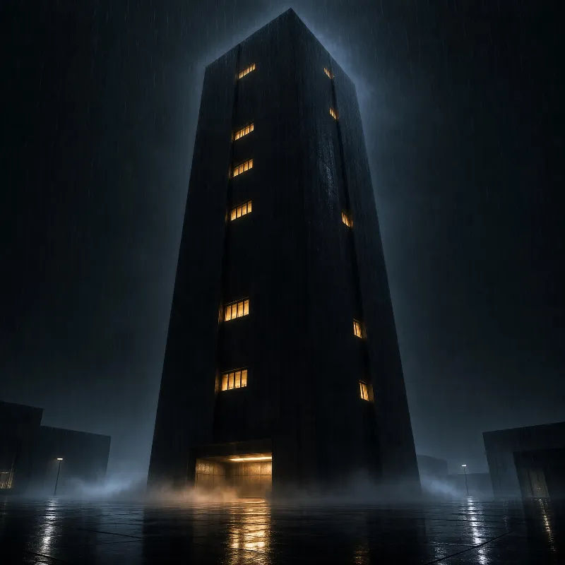 A tall, dark tower stands in a rainy night with warm yellow lights glowing from its windows, surrounded by mist and wet pavement reflecting the lights