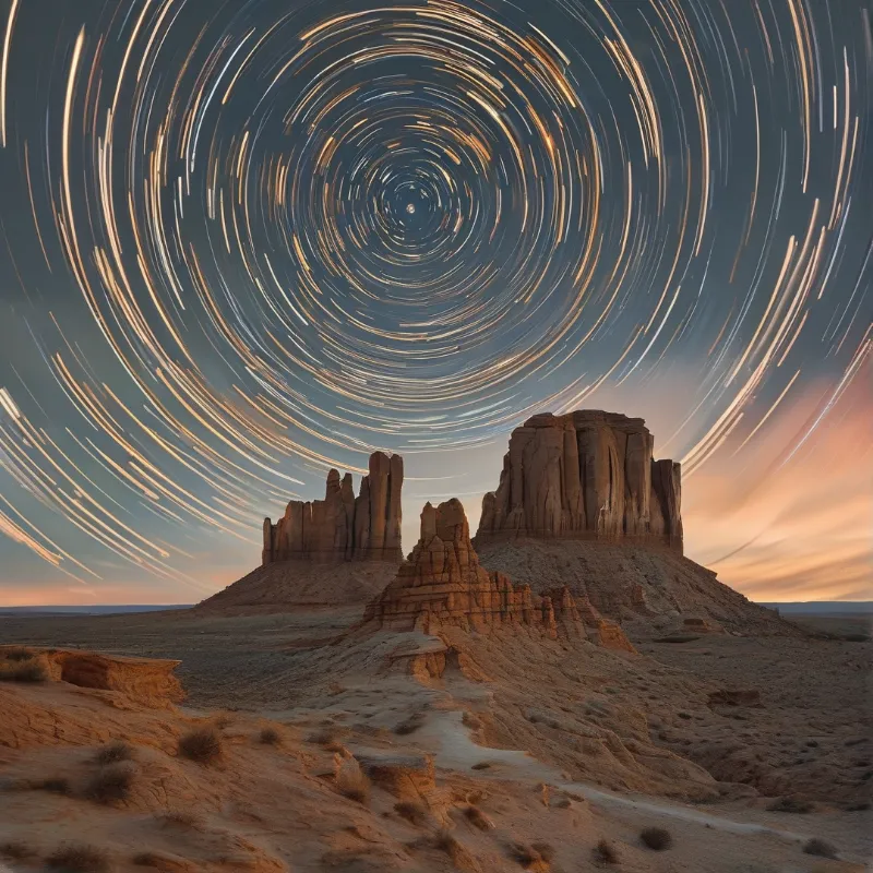 Concentric arcs of moving stars arch over layered sandstone cliffs and sandy desert ground at dusk.