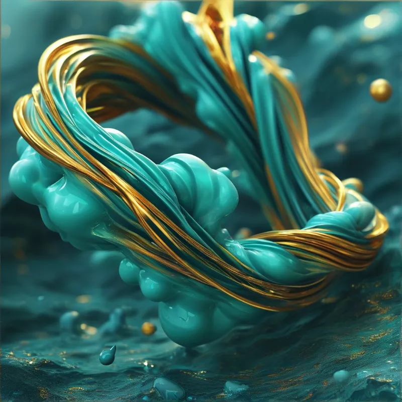 Shiny metallic strands curve dynamically over a dark wet floor with scattered droplets.