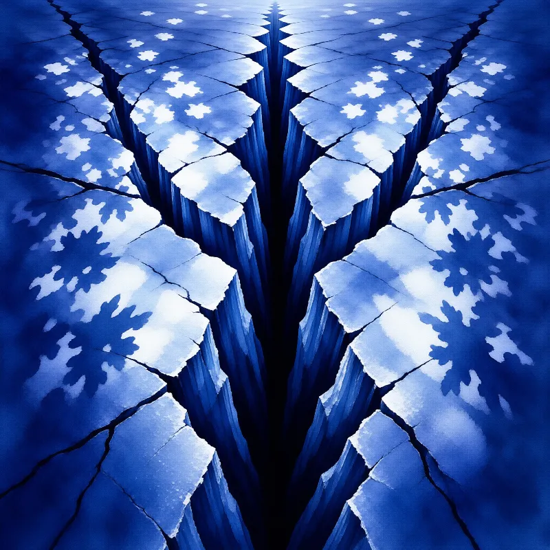 A deep vertical crack runs through a blue surface covered with white irregular patterns resembling snow or salt.