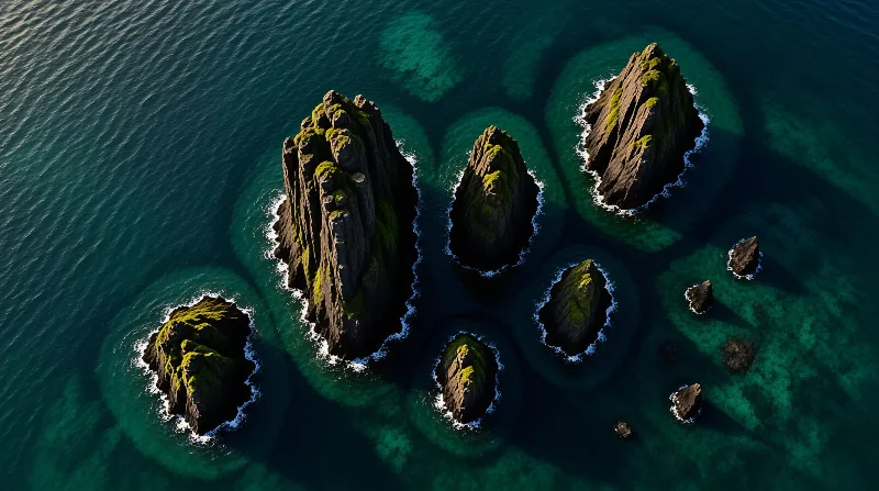 Moss covered sea stacks scattered across the deep blue ocean, with sunlight casting long shadows on the water surface.