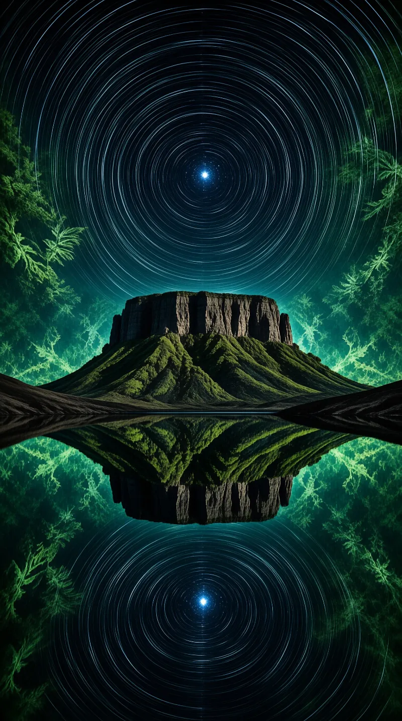 A grassy mesa sits centered beneath swirling star trails and glowing trees in a perfectly mirrored composition.