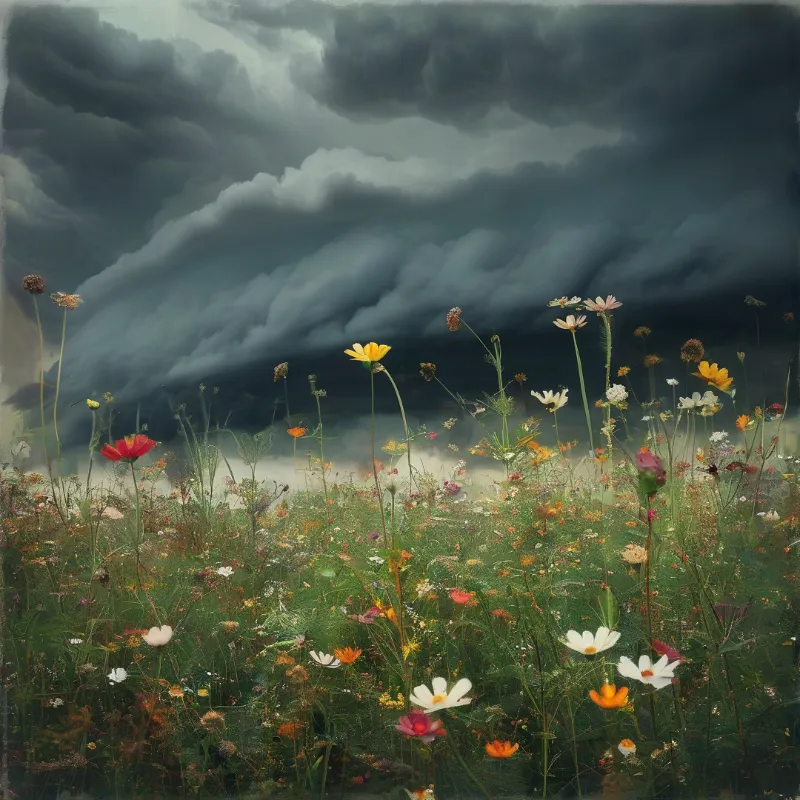 A vibrant field of wildflowers stands out against a backdrop of heavy storm clouds gathering overhead.