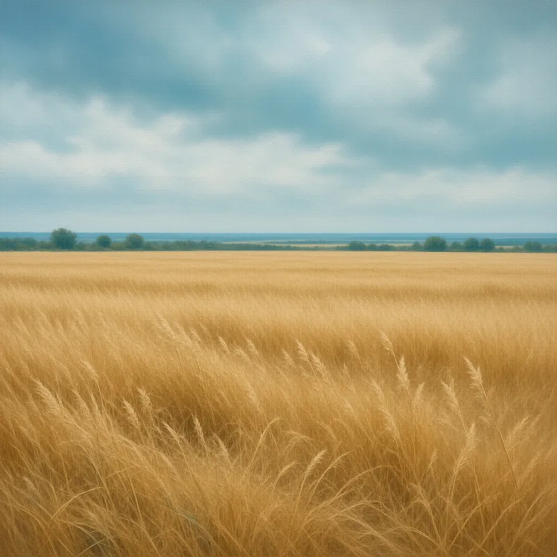 A vast expanse of ripe golden grain grass reaches toward a distant tree line under a muted cloudy blue sky.