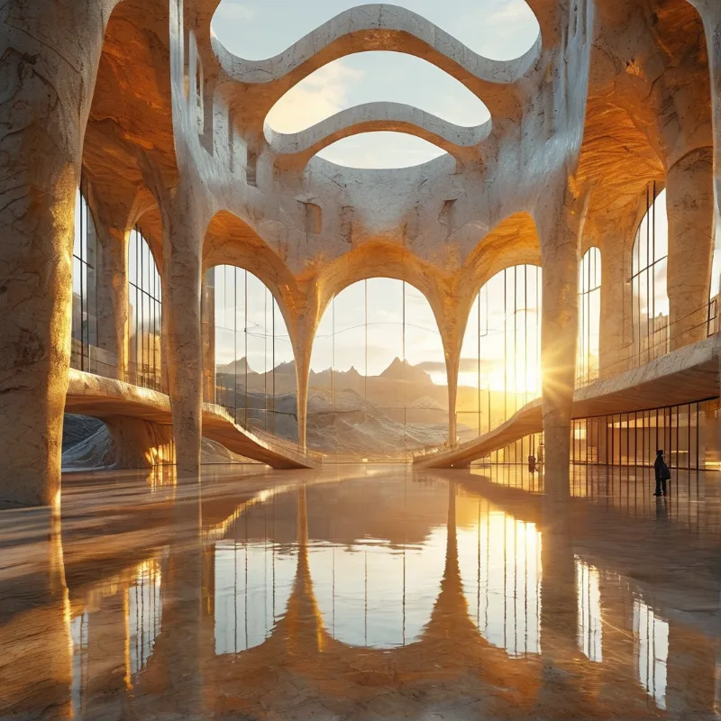 Organic stone arches and tall glazed walls frame dune ridges as low sun floods a polished hall with gold.