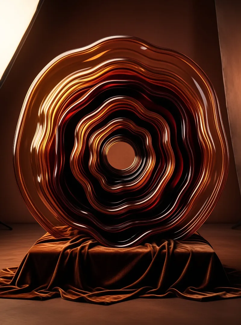 A large glossy brown sculpture featuring layered circular patterns rests upon a crumpled bronze cloth.