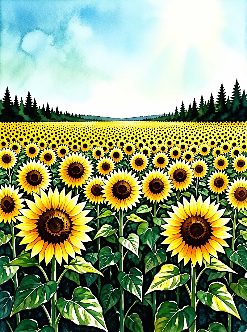 A vast field of yellow sunflowers extends toward a distant line of dark trees beneath a soft, cloudy blue sky.