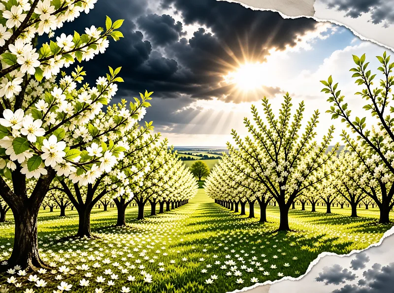 Rows of white blossoming fruit trees line a grassy path leading towards a bright sunburst breaking through dark clouds.