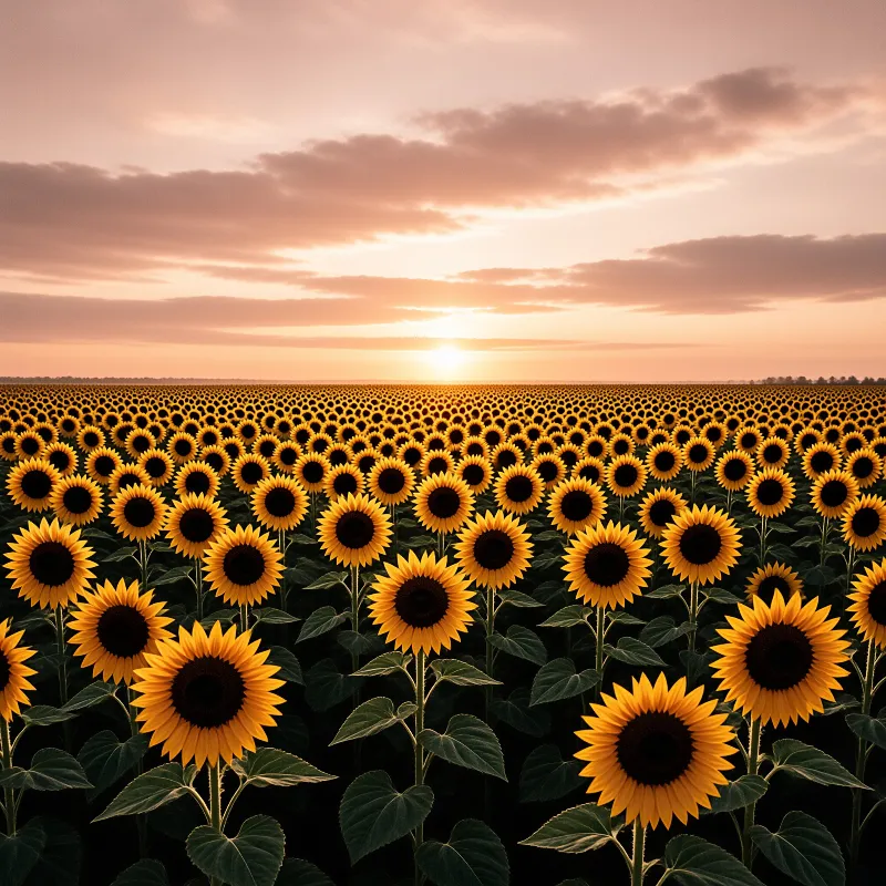 Rows of blooming sunflowers stretch to a glowing sun low on the horizon beneath an orange evening sky