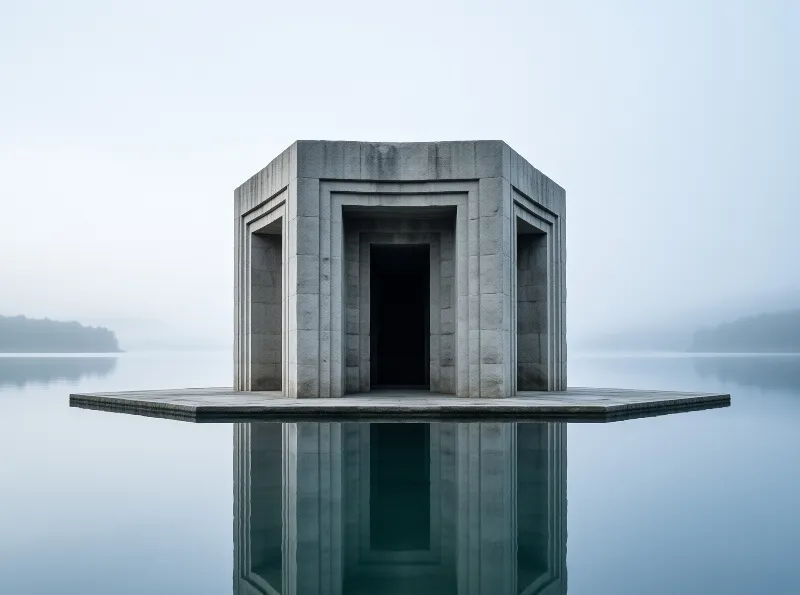 A stone building stands on a platform extending into still water surrounded by fog and soft light creating a reflection.