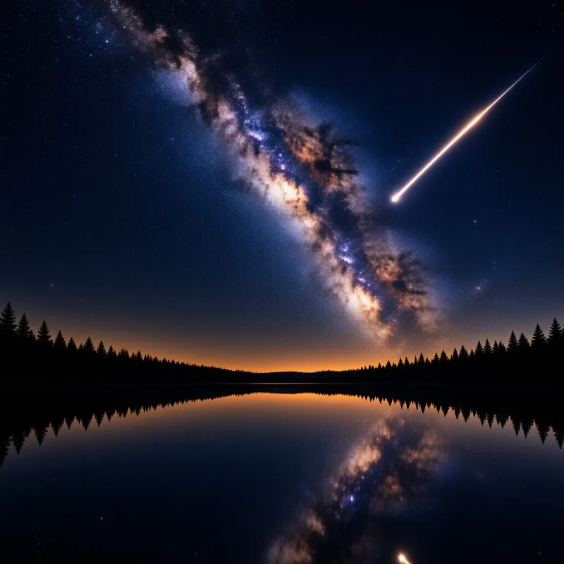 A bright meteor trails across the starry sky as the Milky Way reflects on the calm water below a dark forest line.