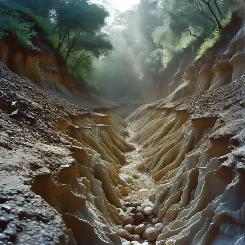 Eroded soil banks slope toward a pebbly floor bathed in sunlight.