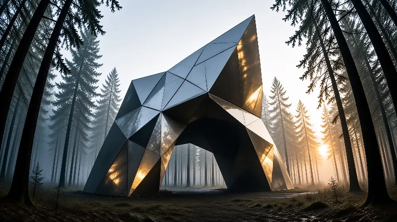 A polygonal chrome structure rises between tall pines while low sunrise light warms its inner faces.