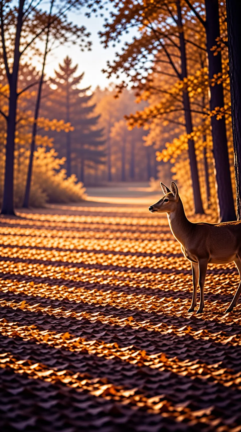 A lone deer stands on a path covered in fallen leaves while warm sunlight filters through the trees.