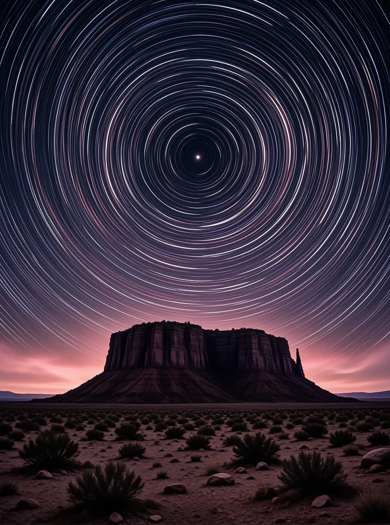 Bright streaks form rings above a solitary mesa while the horizon glows with twilight colors.