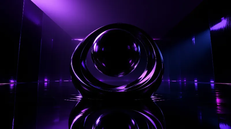 A large shiny black ring sits on a reflective floor inside a dark room illuminated by intense purple lighting.