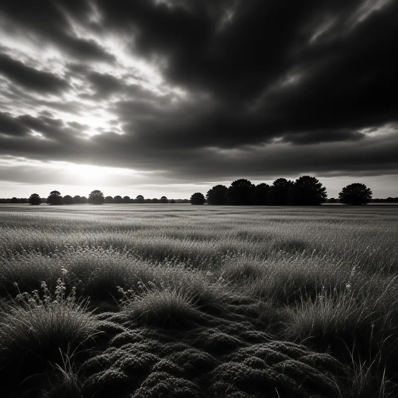 A monochrome view of a vast grassy plain with distant trees silhouetted against a dramatic cloudy sky.