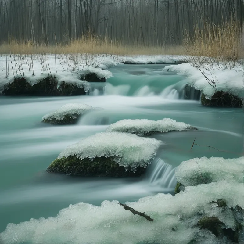 Blue water flows smoothly over mossy rocks covered in thick white ice within a wooded area.