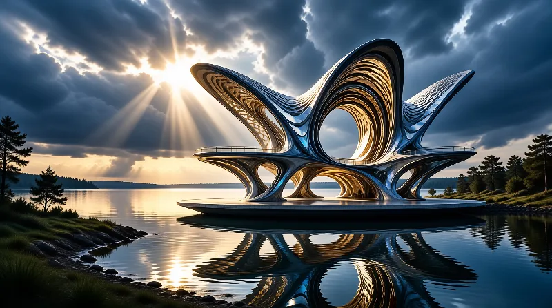 A curving metallic pavilion rests on a calm lake, mirrored in still water, with sunburst rays breaking through dark clouds.