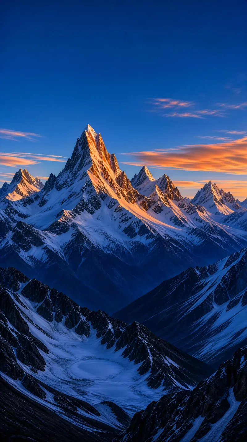 Snowy Mountain Peaks at Sunset