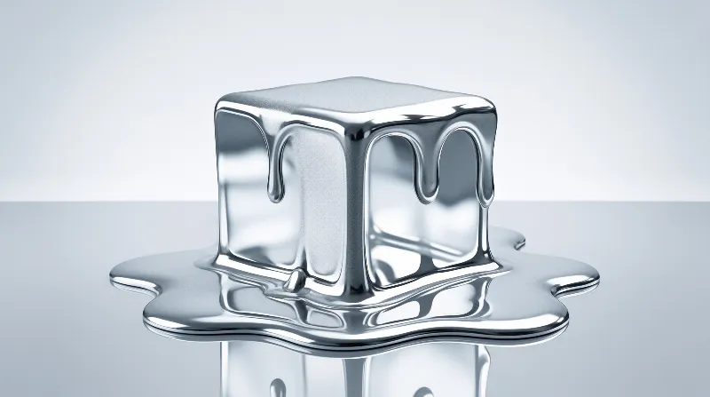 A shiny silver cube is melting into a puddle on a reflective white surface under bright studio lighting.