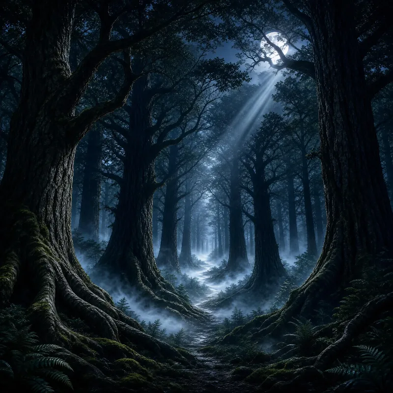 Moonlit Misty Forest Path
