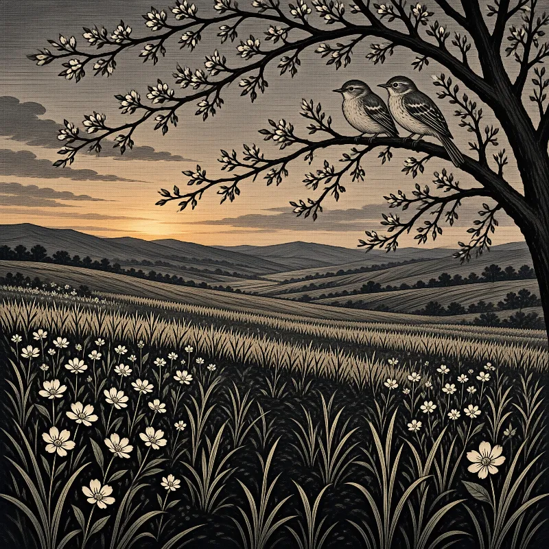 Illustration of wildflower meadows, rolling hills, and two birds perched on a tree branch at golden sunset.