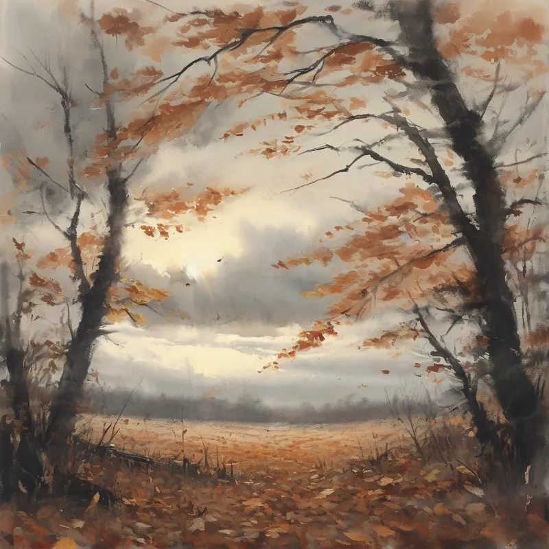 Dark twisted branches frame a field of orange foliage beneath a heavy cloudy sky.