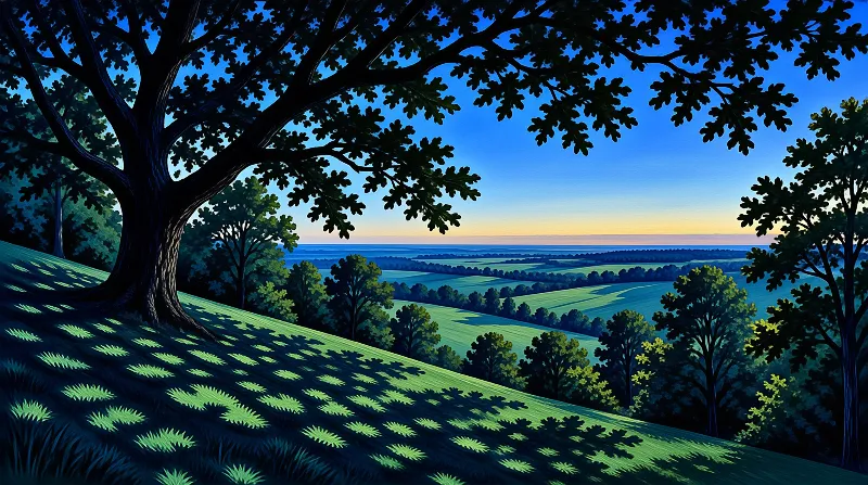A large oak tree frames a vast green valley under a twilight sky with warm horizon glow.