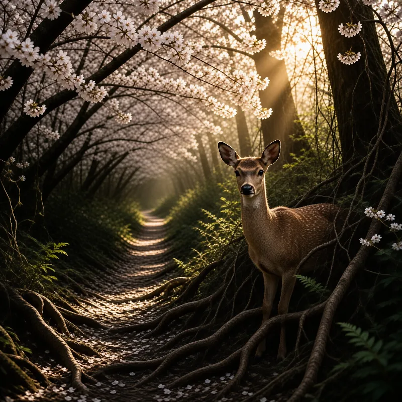 A spotted deer stands on a root-covered forest path surrounded by white blossoms and streaming golden sunlight.