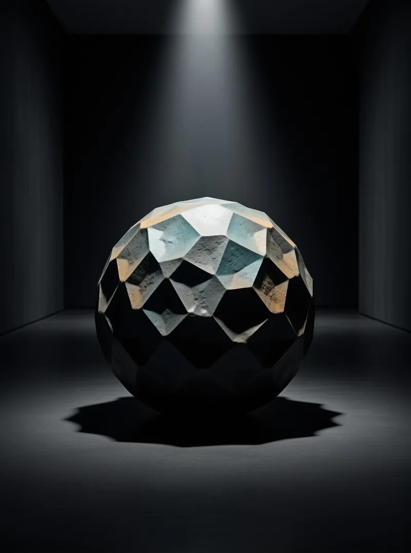A large faceted sphere sits on a dark floor under a spotlight, revealing geometric facets of black, white, and blue stone.