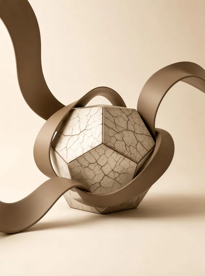 A cracked geometric sculpture with a beige, cracked surface is surrounded by smooth curved ribbons against a soft beige background with gentle lighting