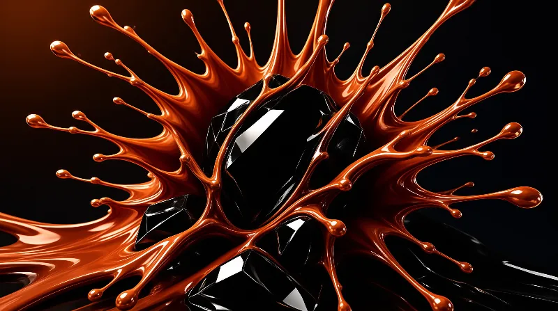 Molten copper liquid bursts outward in ribbon like tendrils around glossy black gemstones on a dark backdrop.