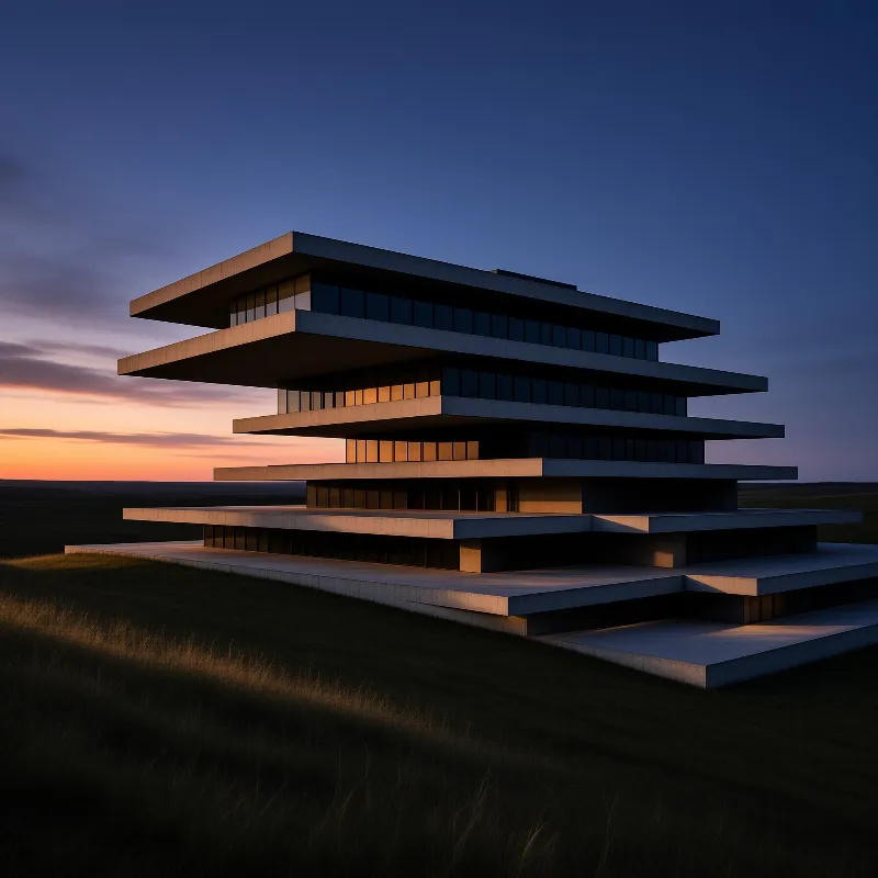 A modern building of stacked cantilevered concrete slabs glows warmly on a grassy ridge beneath a fading sunset sky.